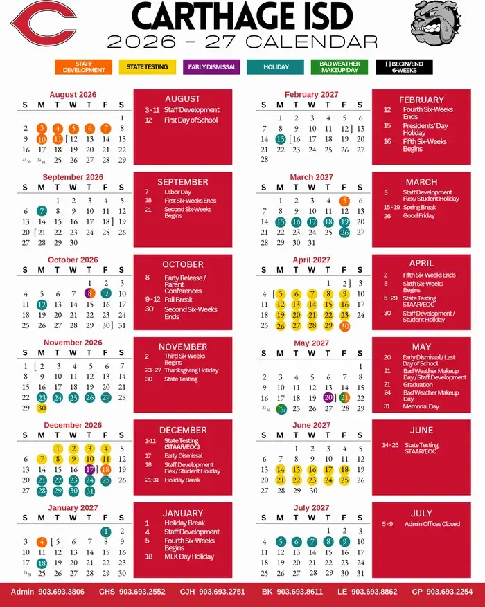 Carthage ISD 2026–2027 academic calendar