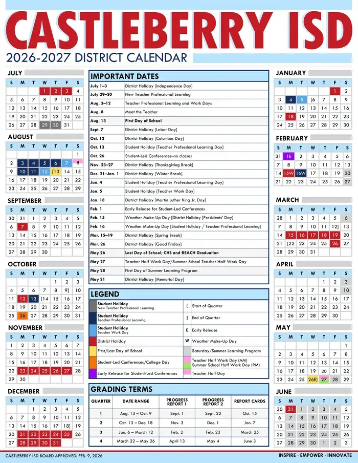 Castleberry ISD 2026–2027 academic calendar