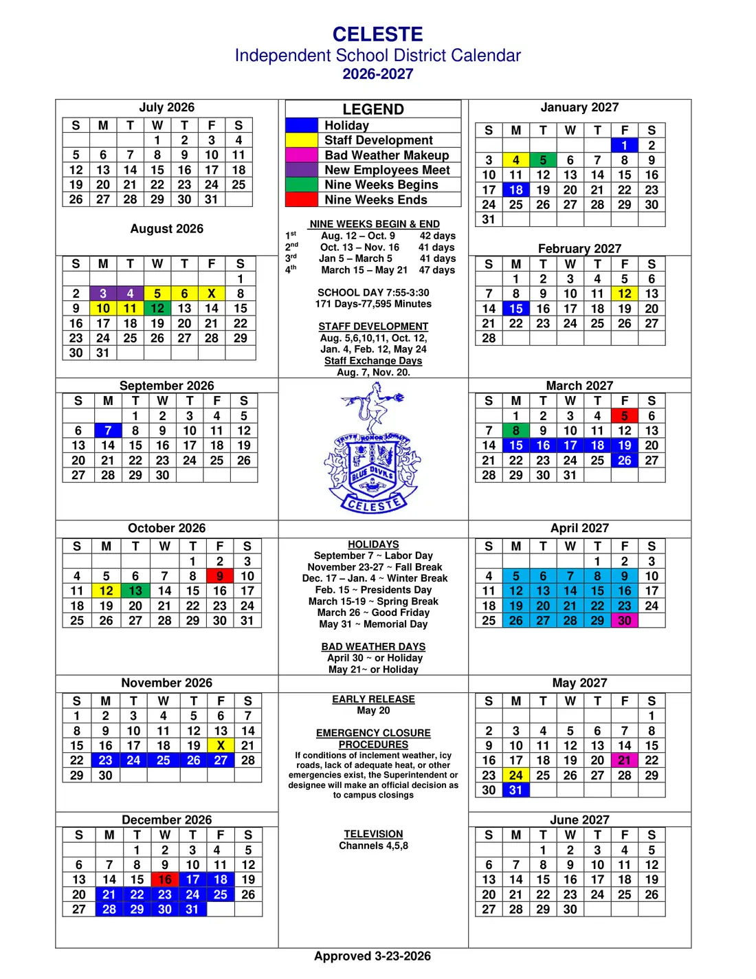 Celeste ISD 2026–2027 academic calendar