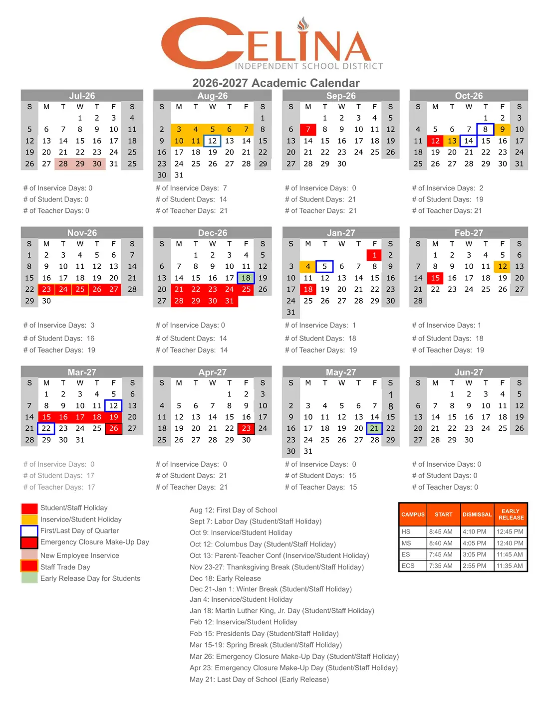 Celina ISD 2026–2027 academic calendar
