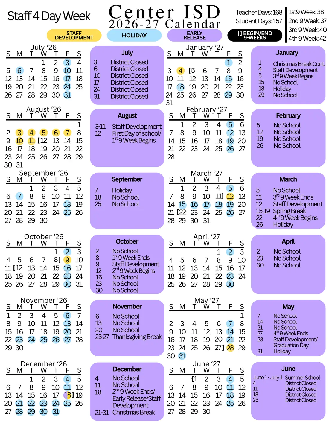 Center ISD 2026–2027 academic calendar