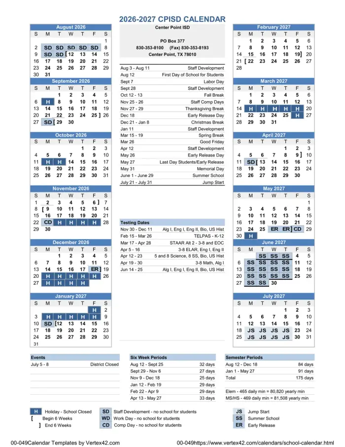 Center Point ISD 2026–2027 academic calendar