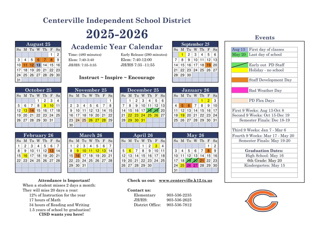 Centerville ISD 2026–2027 academic calendar