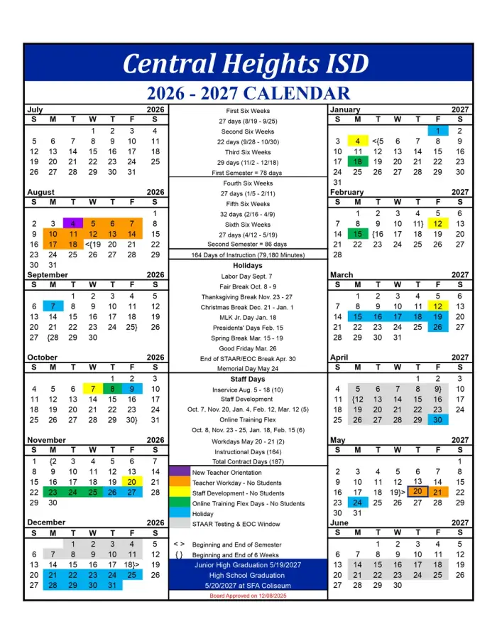Central Heights ISD 2026–2027 academic calendar