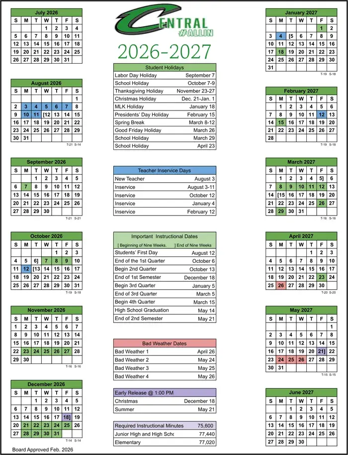 Central ISD 2026–2027 academic calendar