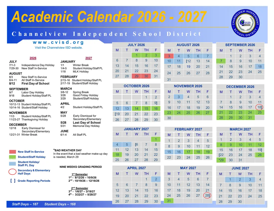 Channelview ISD 2026–2027 academic calendar