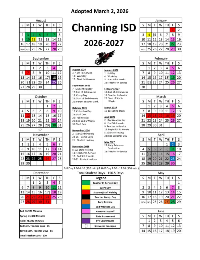 Channing ISD 2026–2027 academic calendar