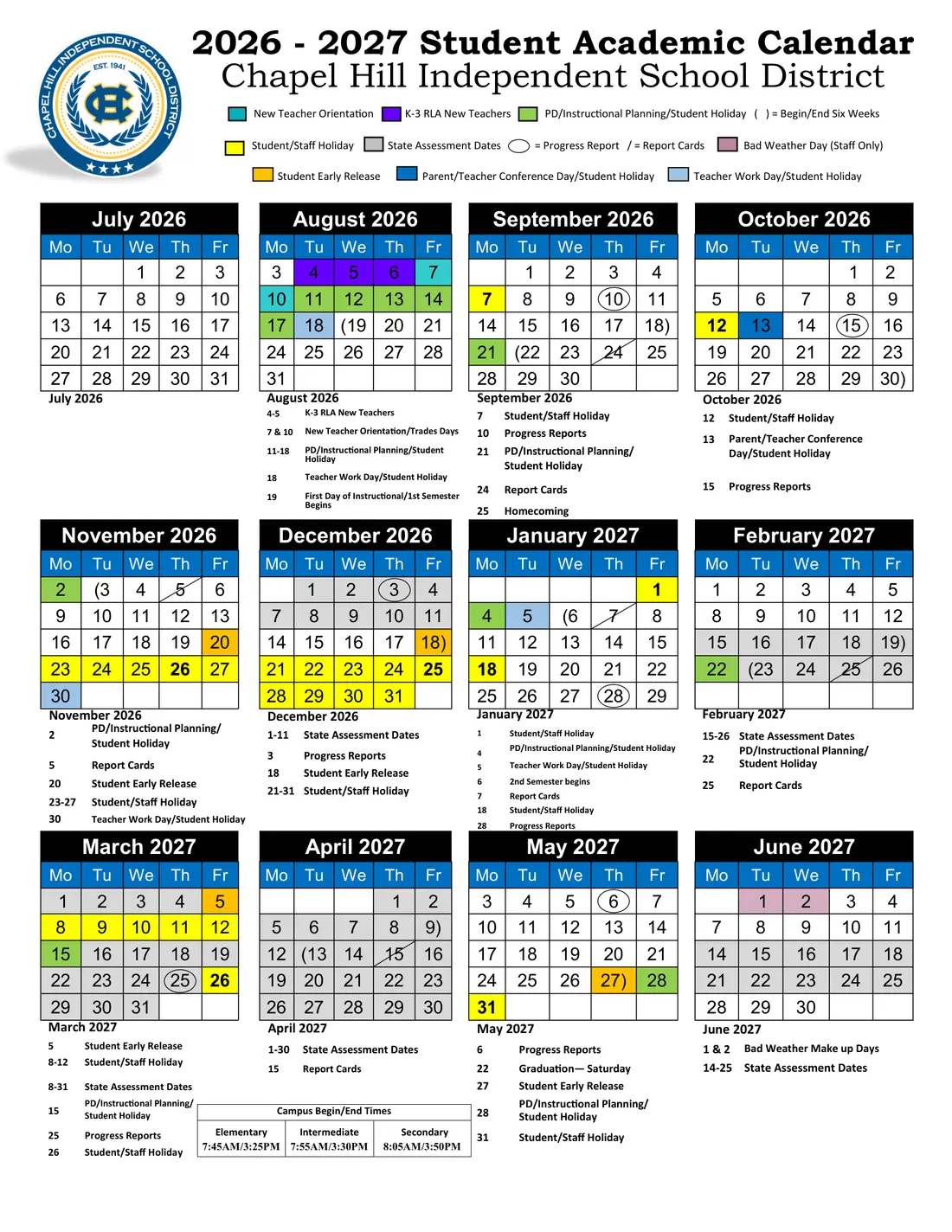 Chapel Hill ISD 2026–2027 academic calendar