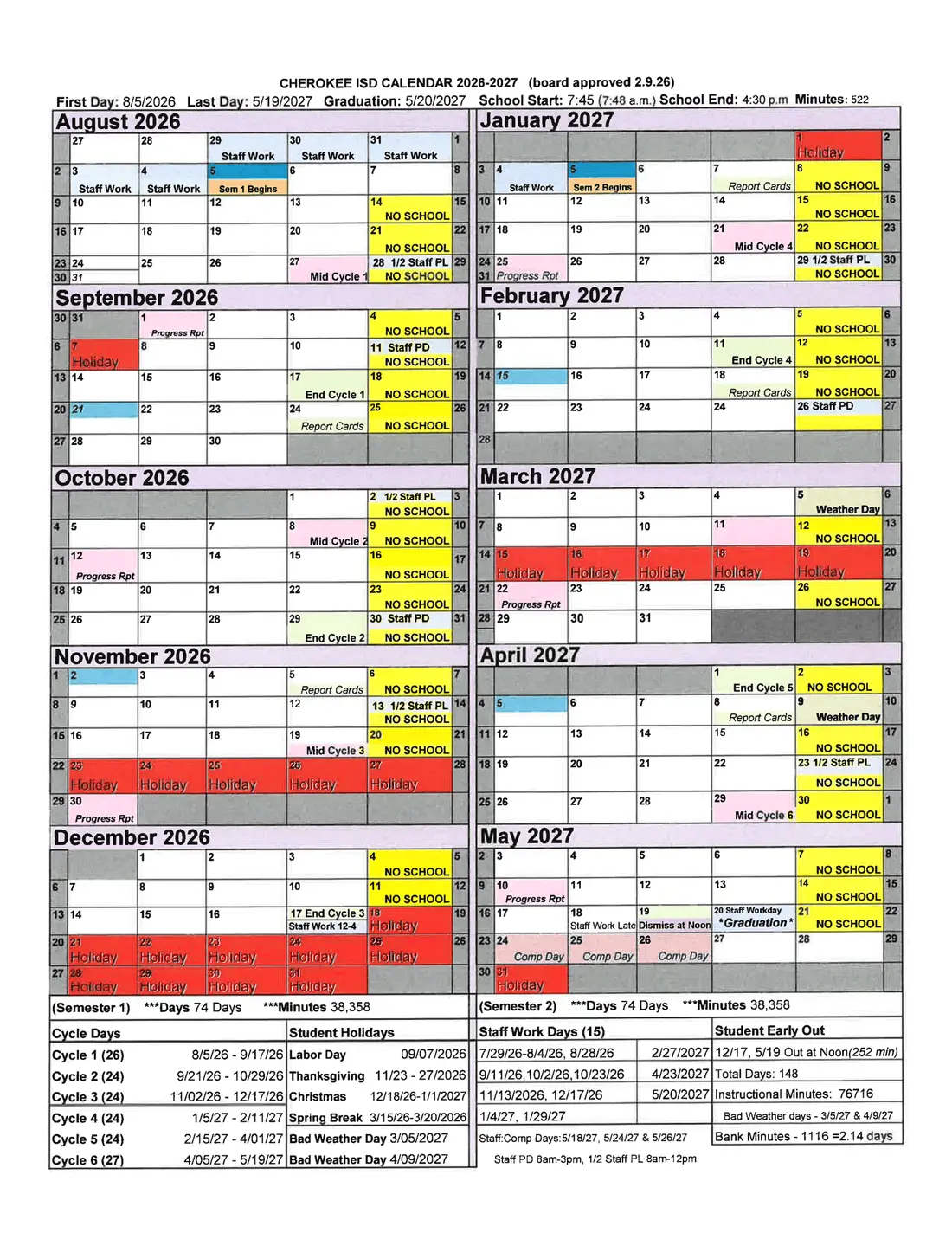 Cherokee ISD 2026–2027 academic calendar