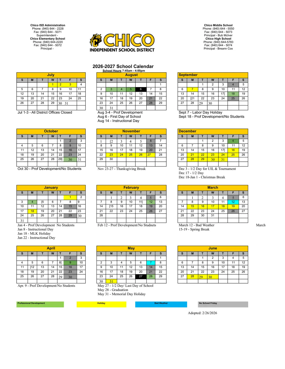 Chico ISD 2026–2027 academic calendar