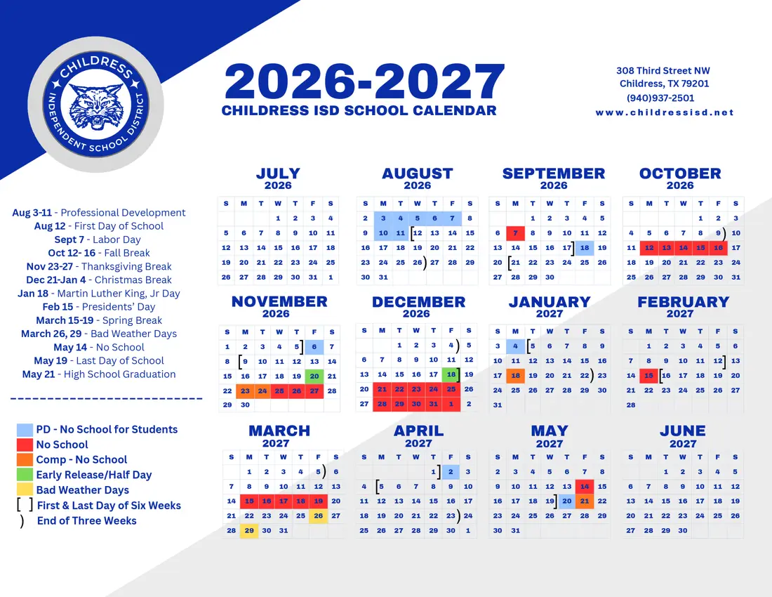 Childress ISD 2026–2027 academic calendar
