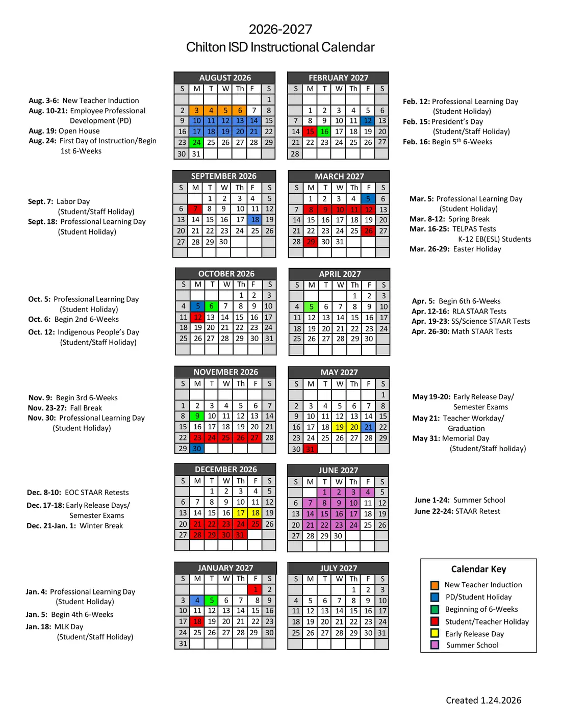 Chilton ISD 2026–2027 academic calendar