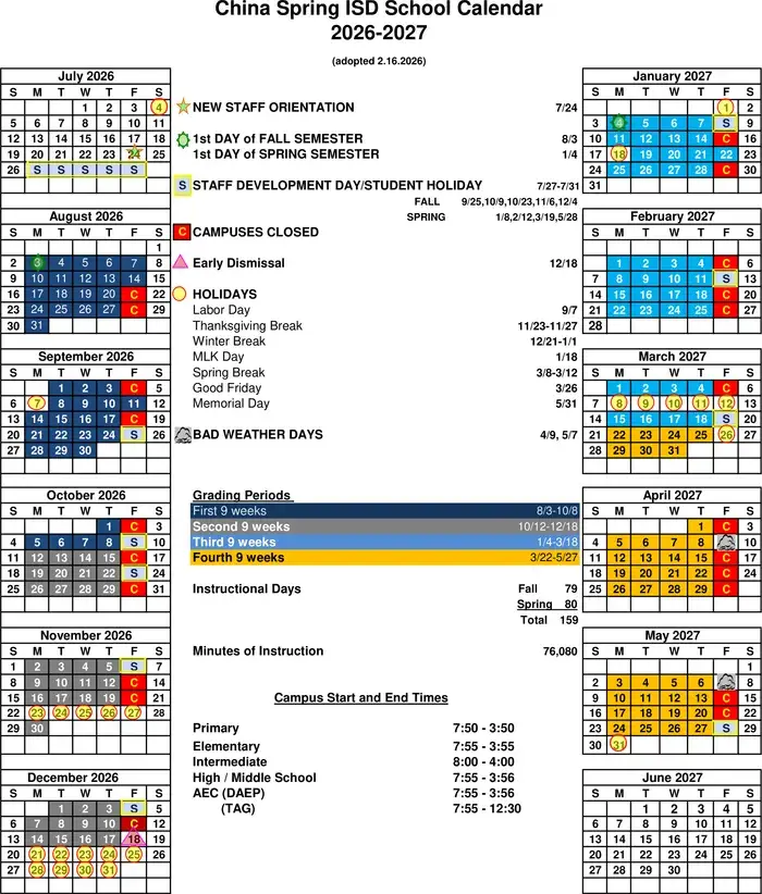 China Spring ISD 2026–2027 academic calendar