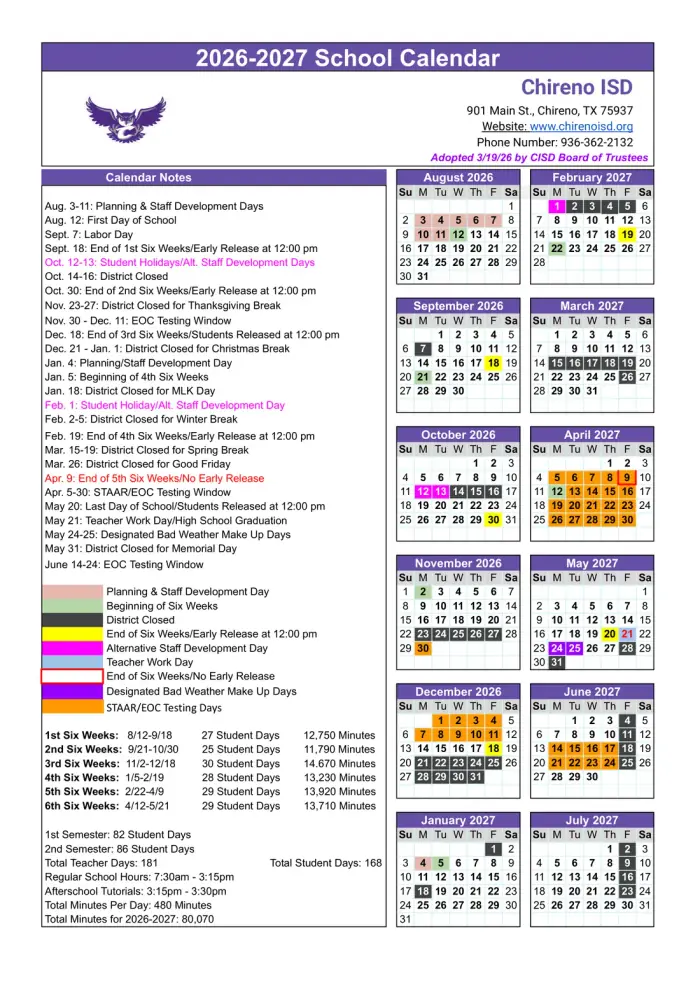 Chireno ISD 2026–2027 academic calendar