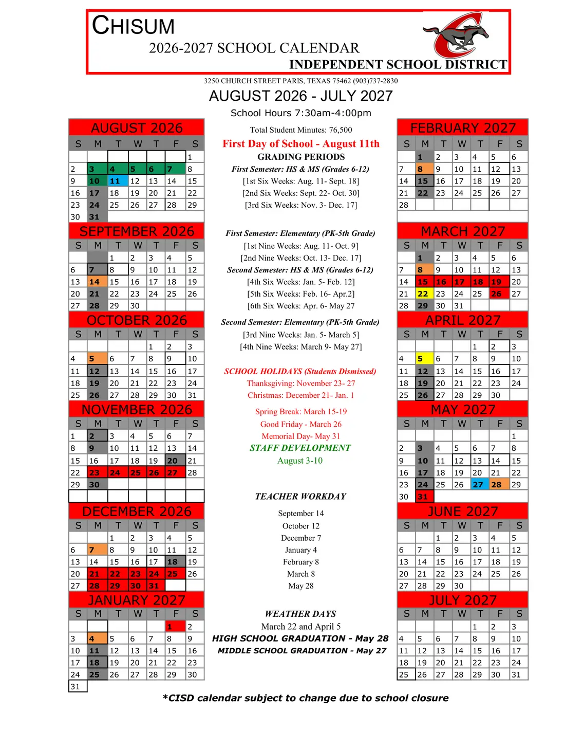 Chisum ISD 2026–2027 academic calendar