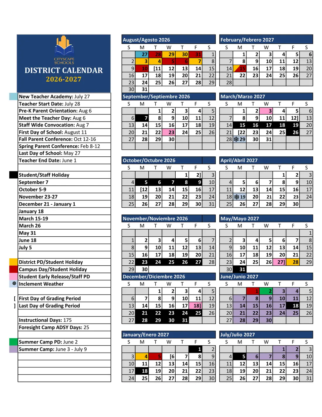 Cityscape Schools 2026–2027 academic calendar