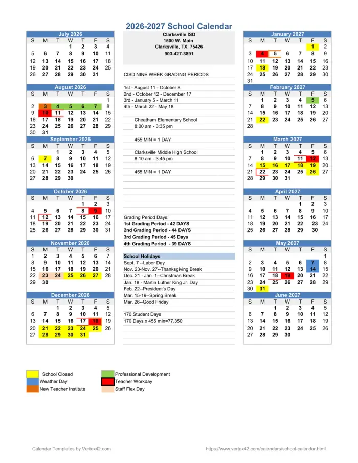 Clarksville ISD 2026–2027 academic calendar