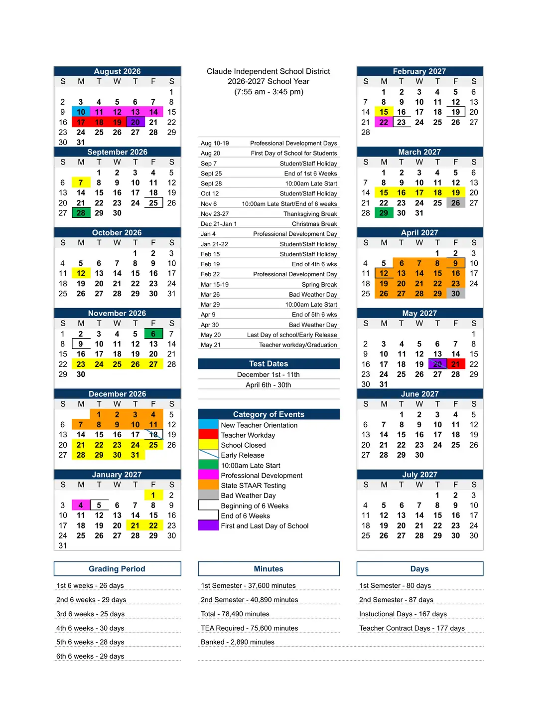 Claude ISD 2026–2027 academic calendar