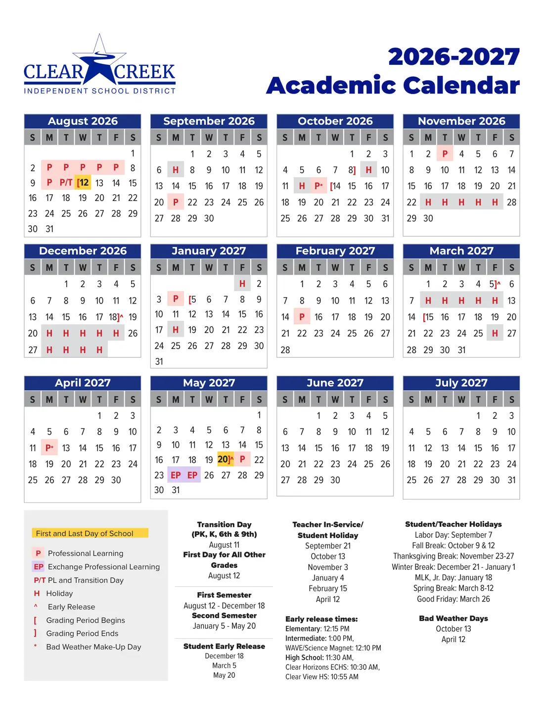 Clear Creek ISD 2026–2027 academic calendar