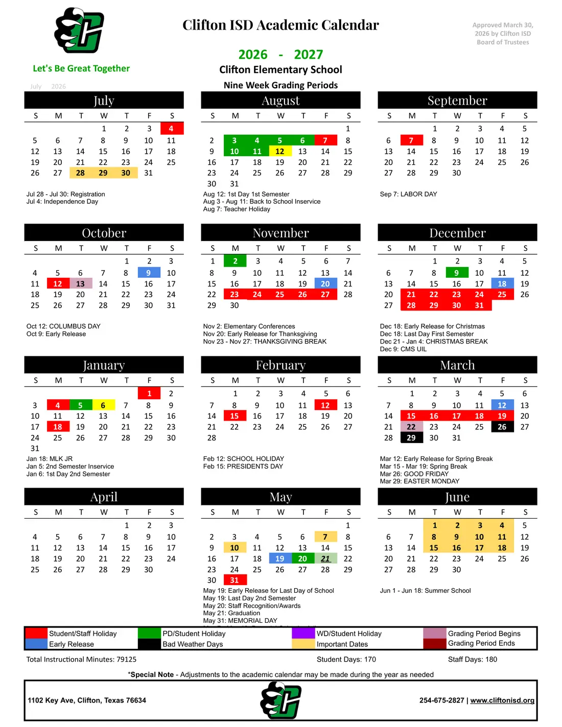 Clifton ISD 2026–2027 academic calendar