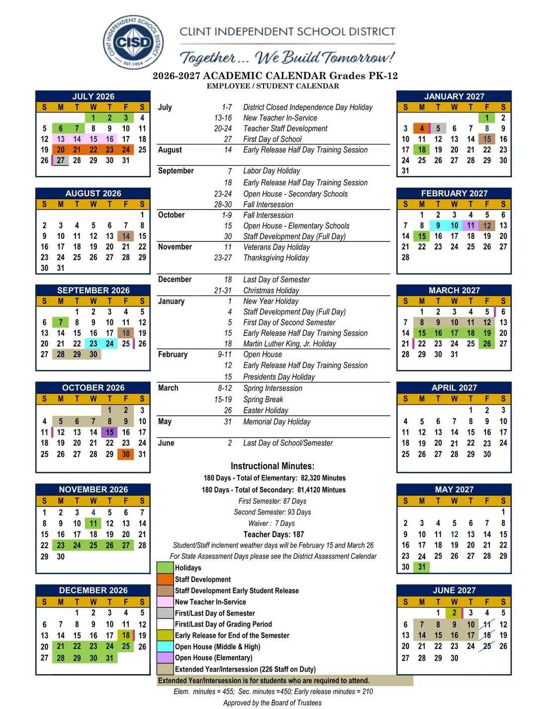 Clint ISD 2026–2027 academic calendar