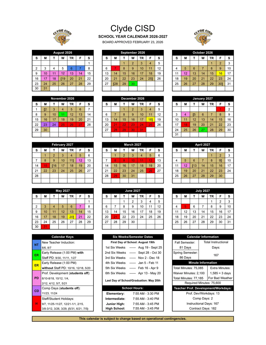 Clyde CISD 2026–2027 academic calendar