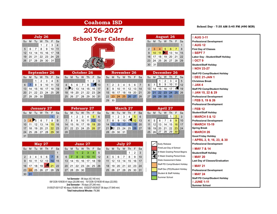 Coahoma ISD 2026–2027 academic calendar