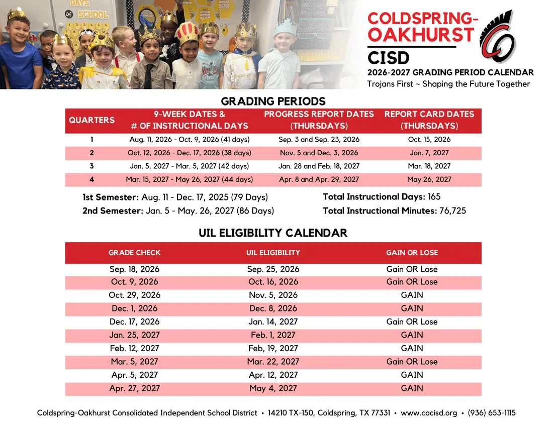 Coldspring-oakhurst CISD 2026–2027 academic calendar
