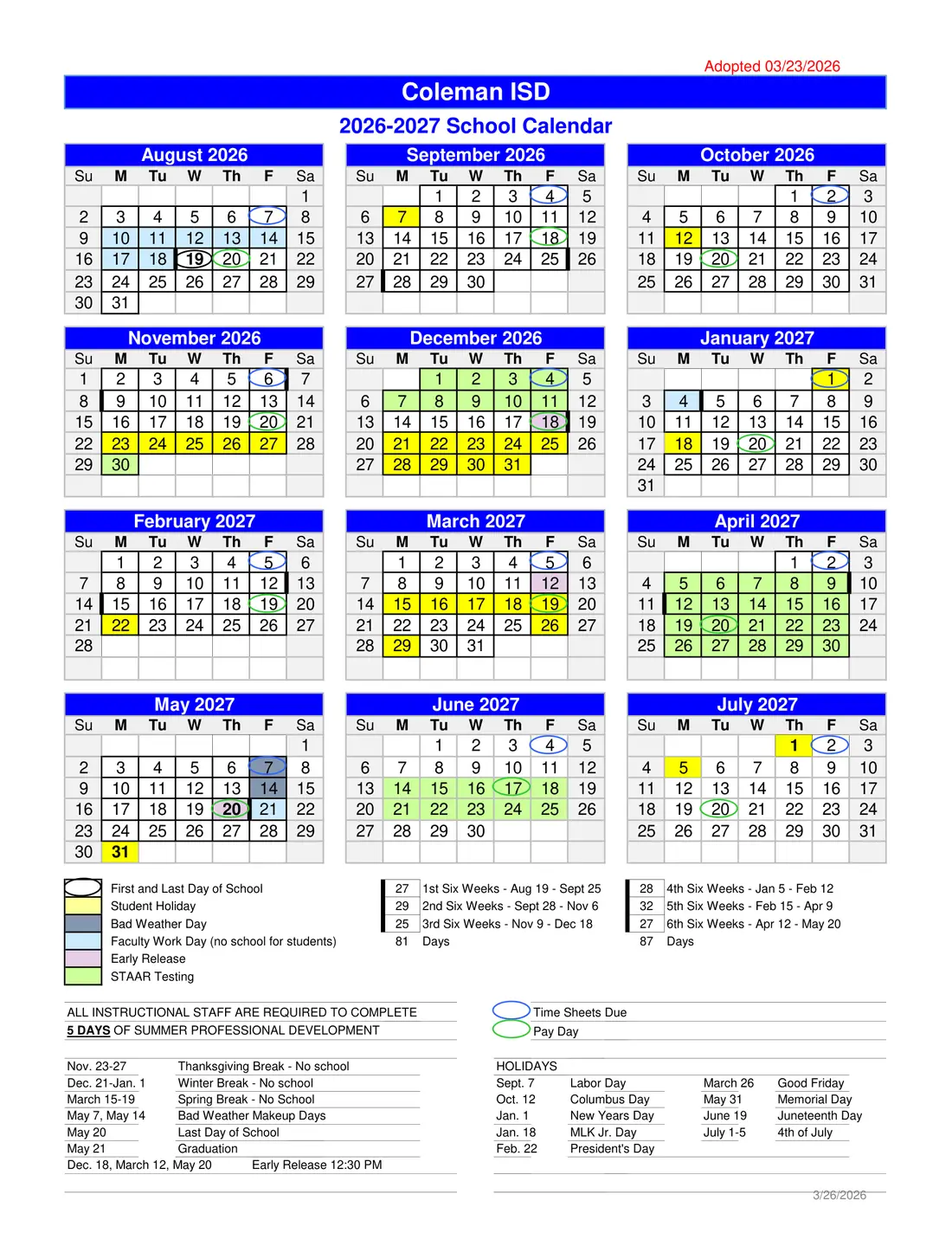 Coleman ISD 2026–2027 academic calendar