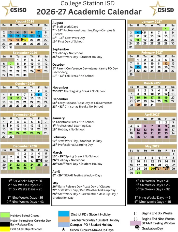 College Station ISD 2026–2027 academic calendar
