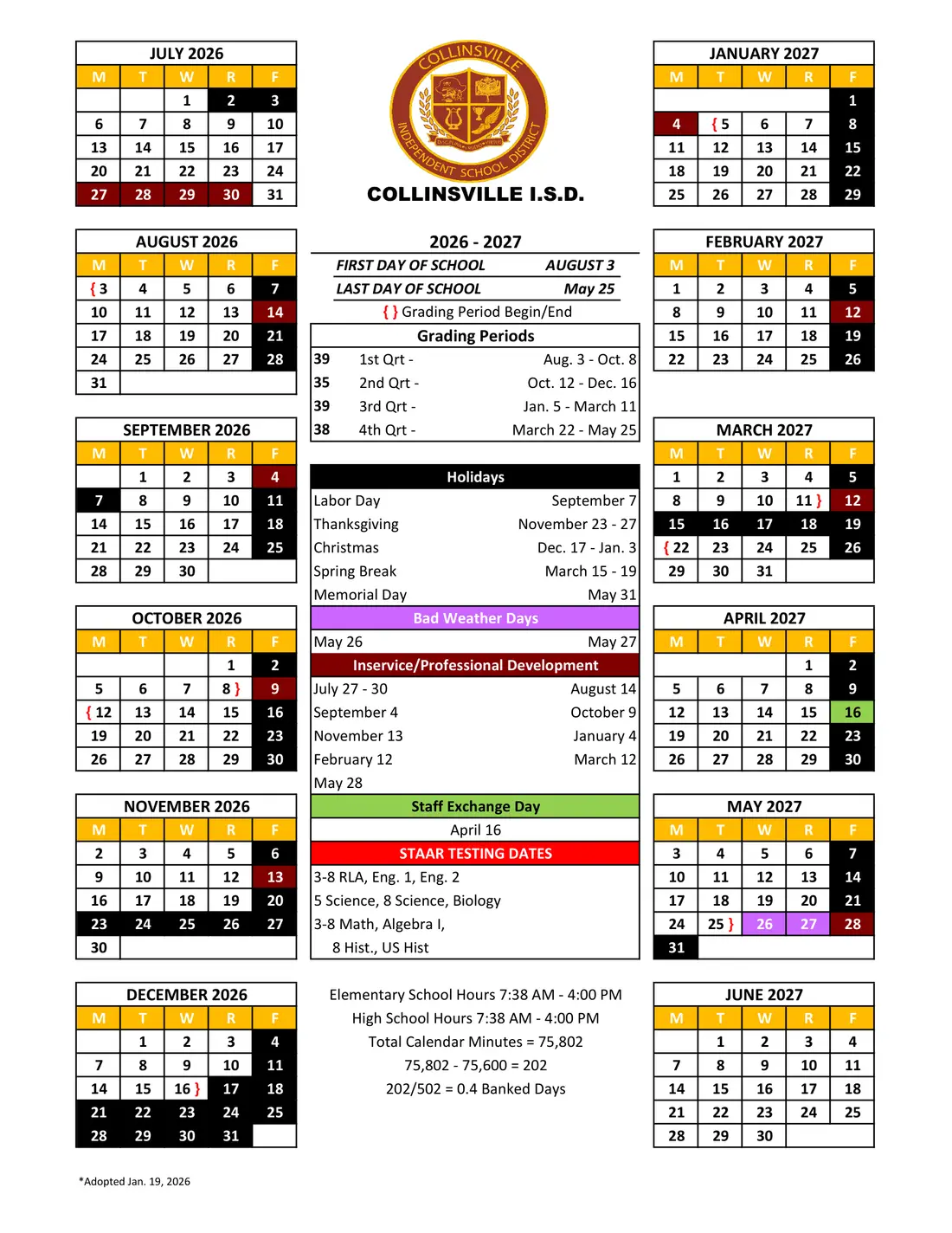Collinsville ISD 2026–2027 academic calendar