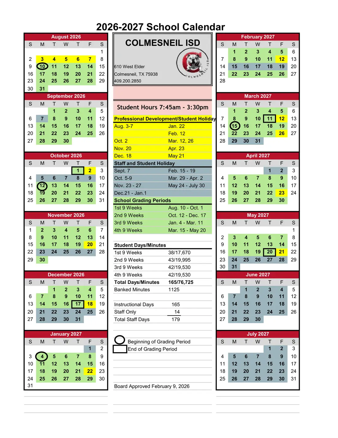 Colmesneil ISD 2026–2027 academic calendar