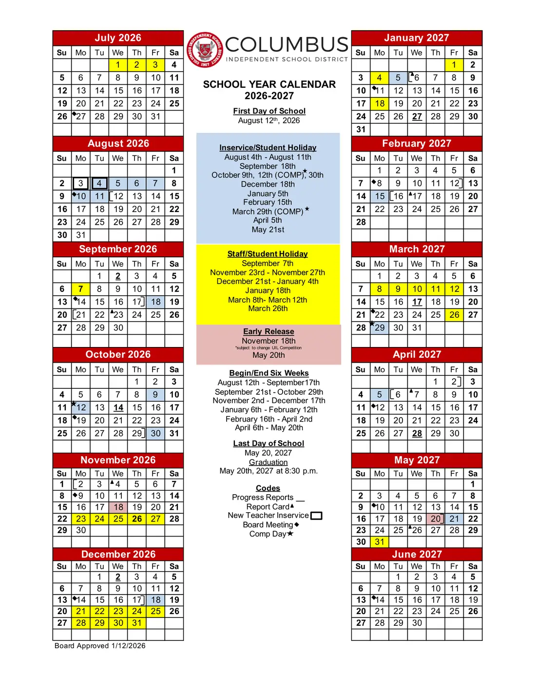 Columbus ISD 2026–2027 academic calendar