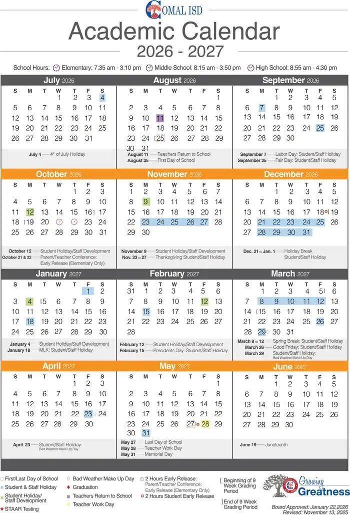 Comal ISD 2026–2027 academic calendar