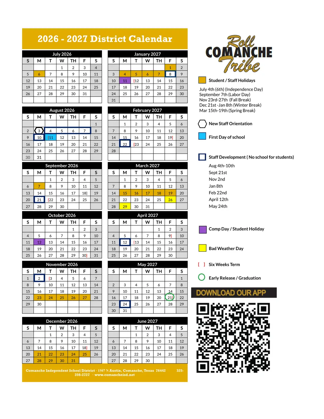 Comanche ISD 2026–2027 academic calendar