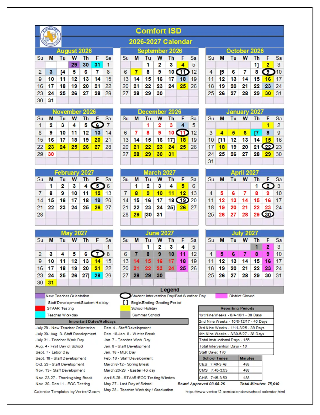 Comfort ISD 2026–2027 academic calendar