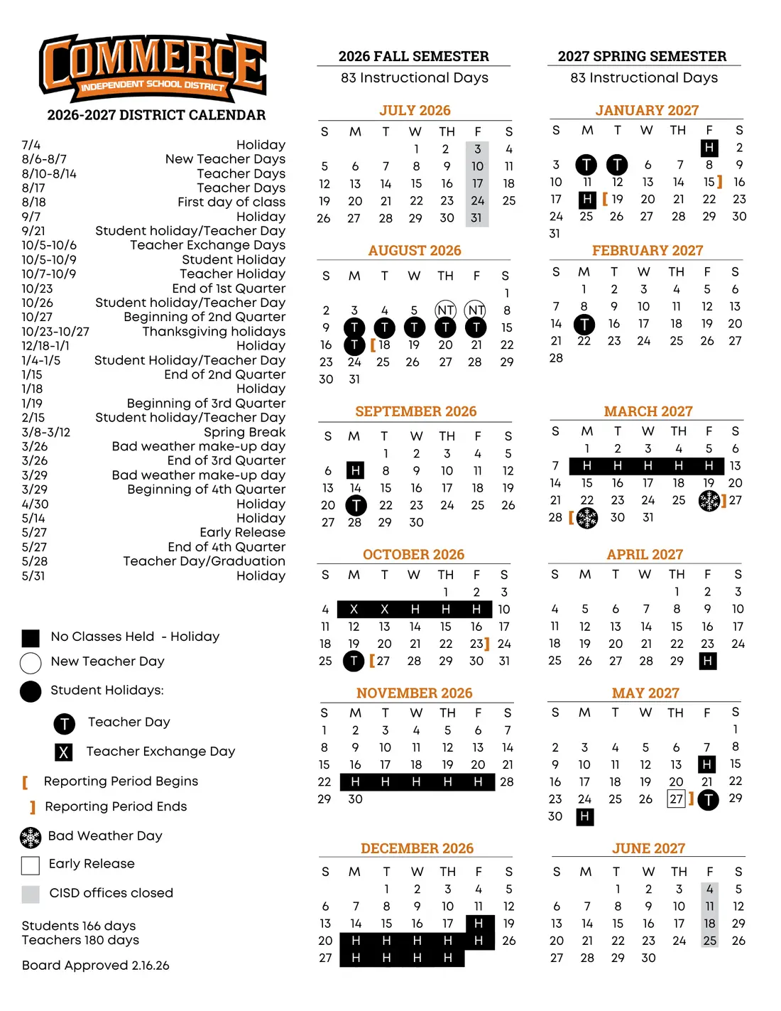 Commerce ISD 2026–2027 academic calendar