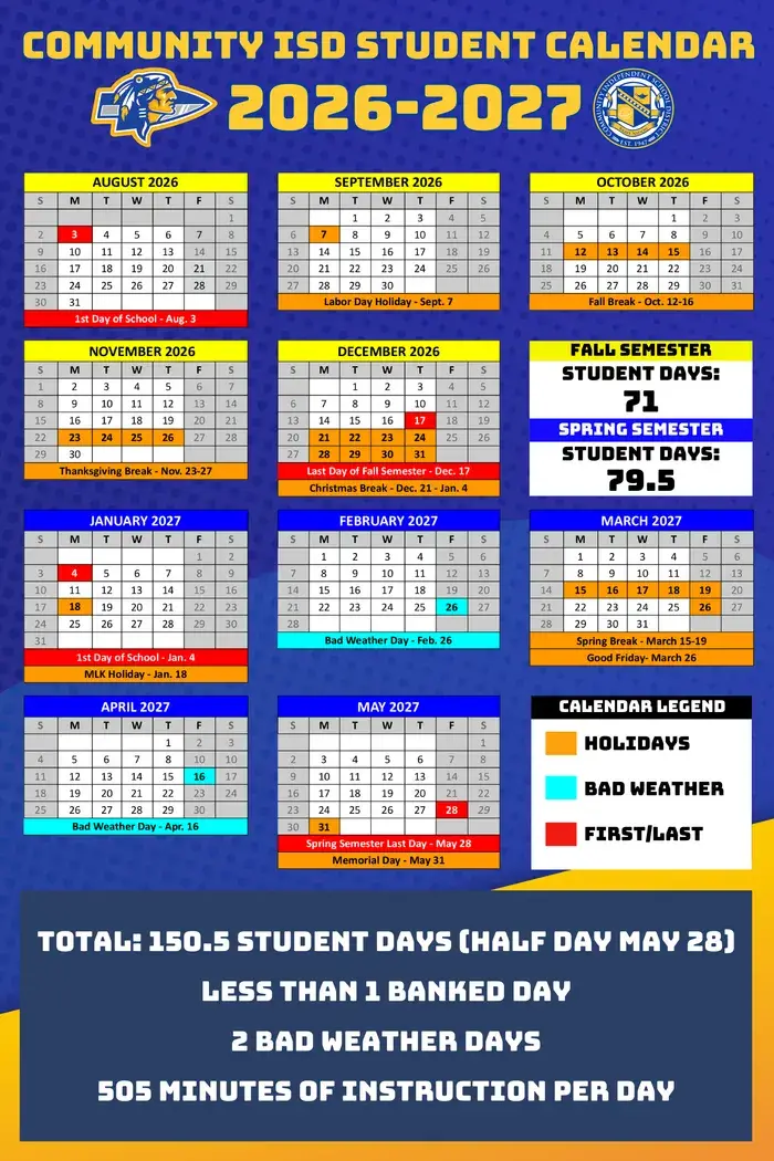 Community ISD 2026–2027 academic calendar