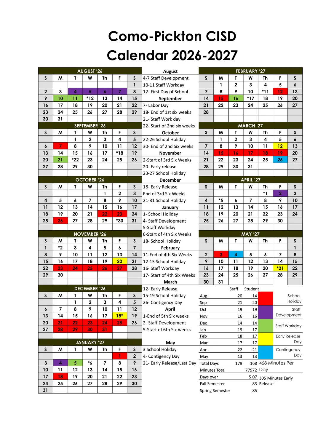 Como-pickton CISD 2026–2027 academic calendar
