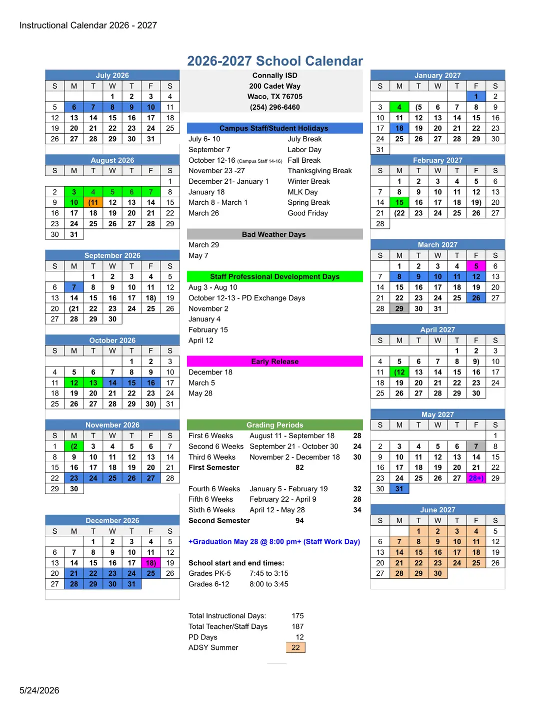 Connally ISD 2026–2027 academic calendar