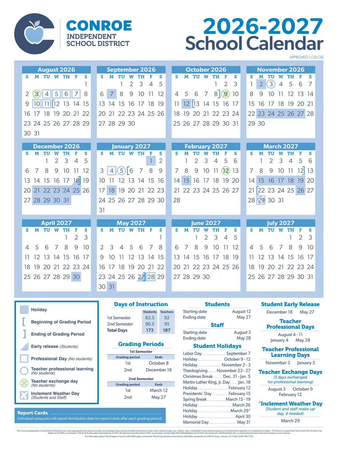 Conroe ISD 2026–2027 academic calendar
