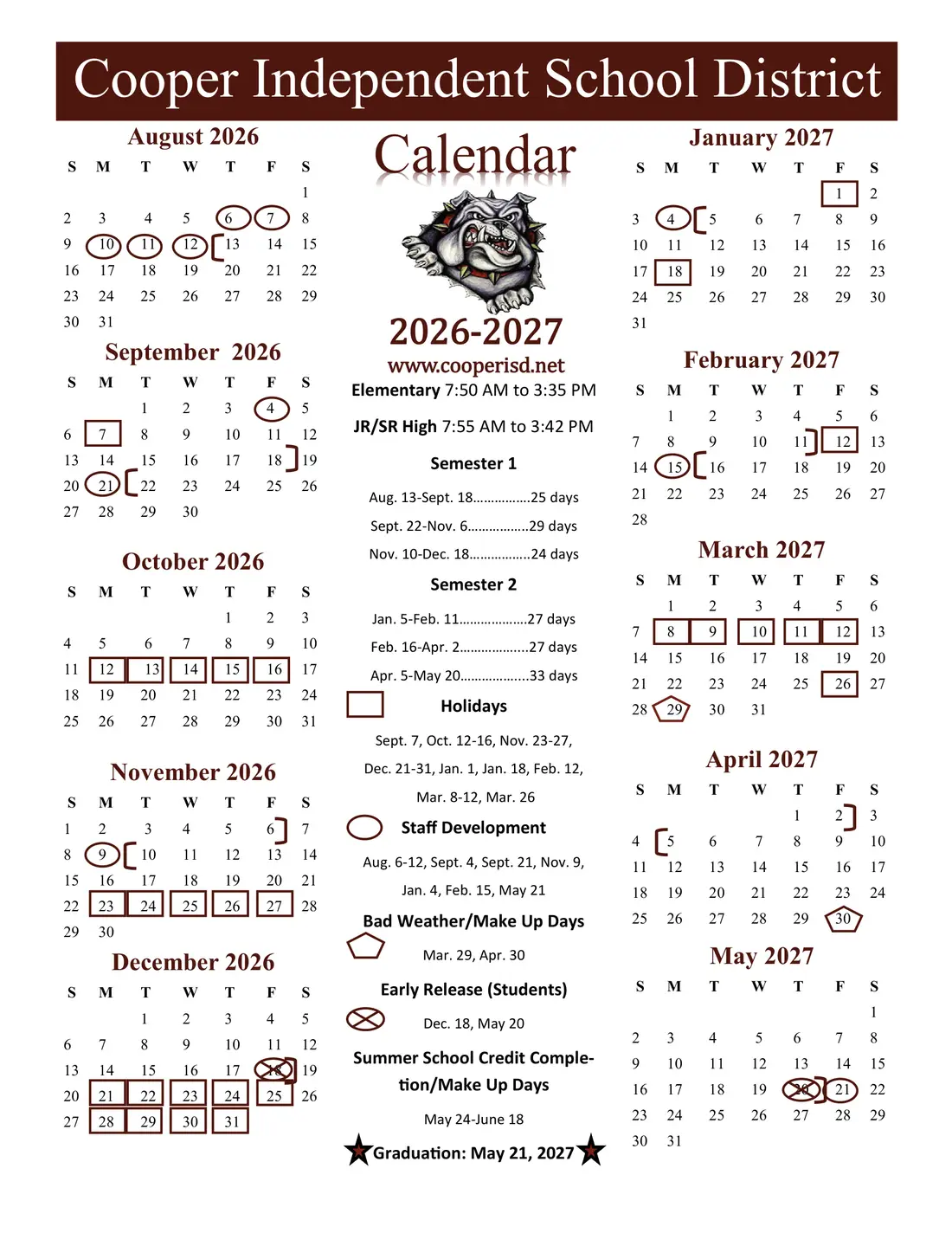 Cooper ISD 2026–2027 academic calendar