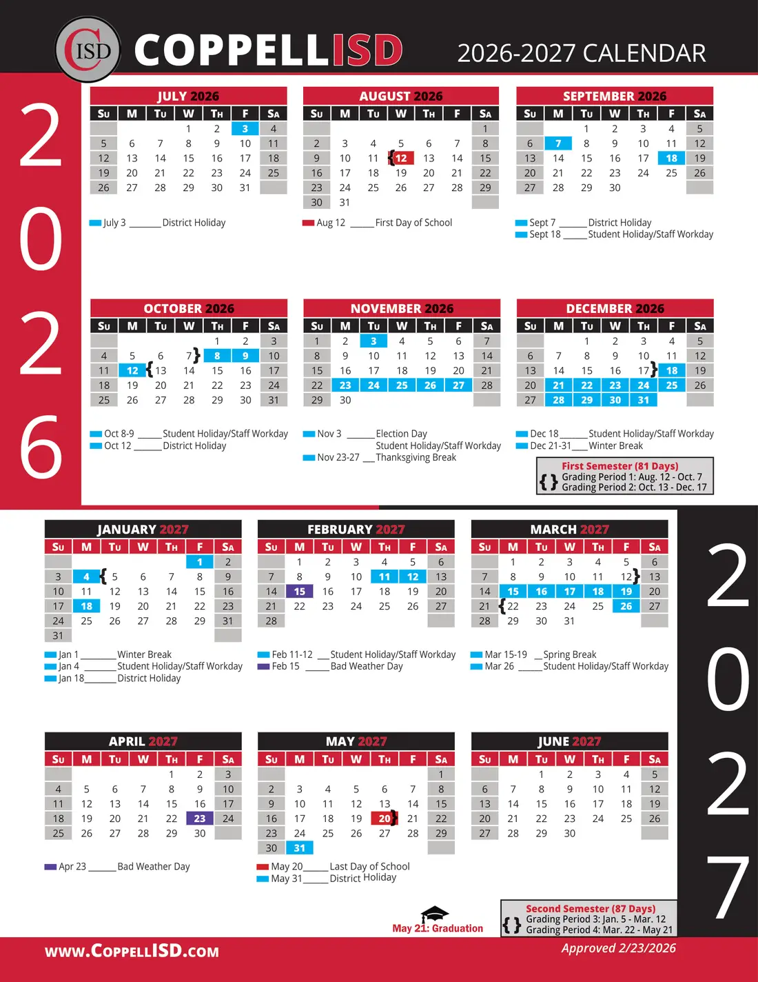 Coppell ISD 2026–2027 academic calendar