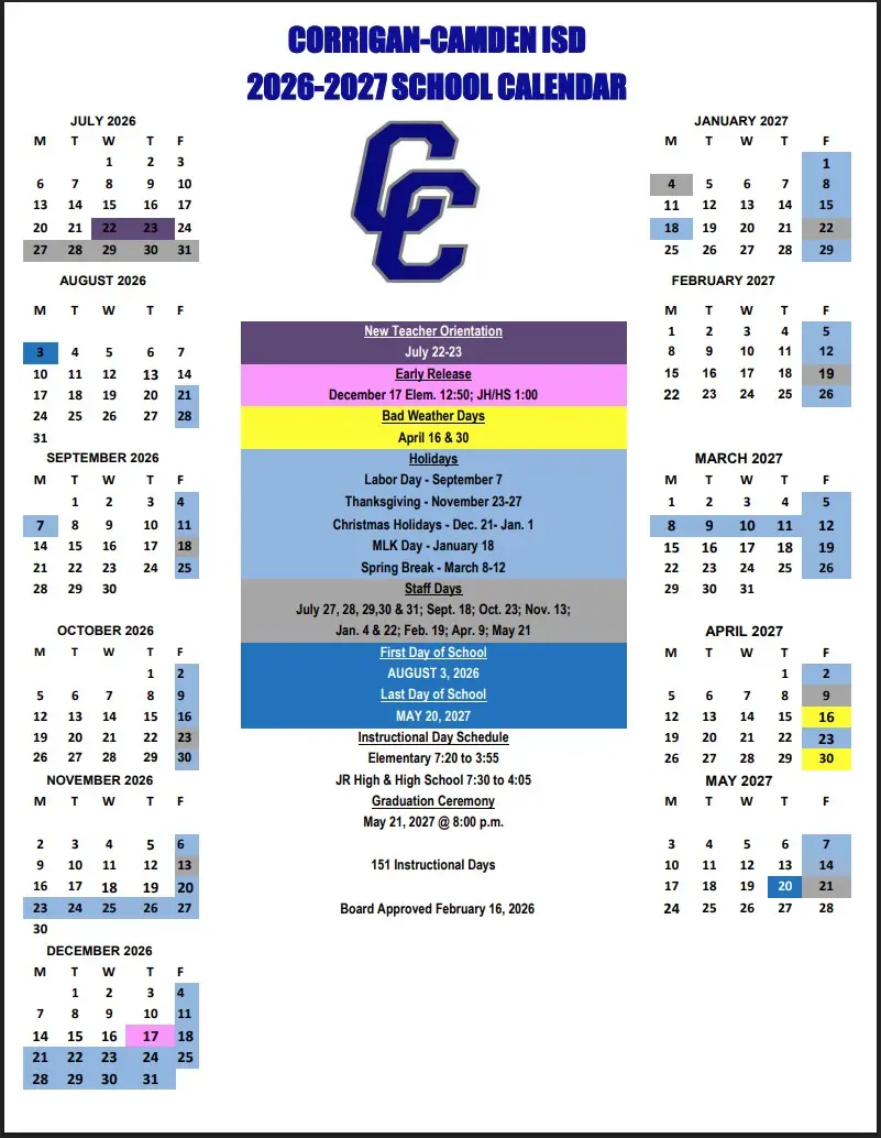 Corrigan-camden ISD 2026–2027 academic calendar