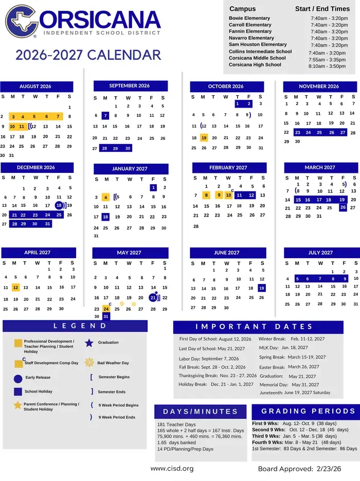 Corsicana ISD 2026–2027 academic calendar