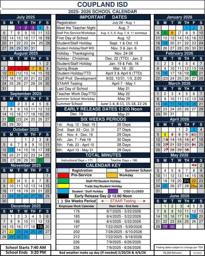 Coupland ISD 2026–2027 academic calendar