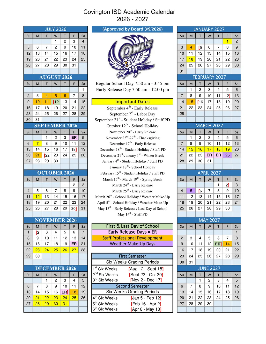 Covington ISD 2026–2027 academic calendar