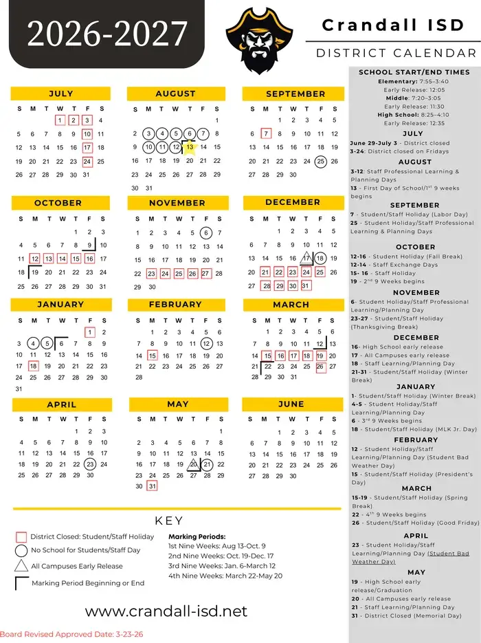Crandall ISD 2026–2027 academic calendar
