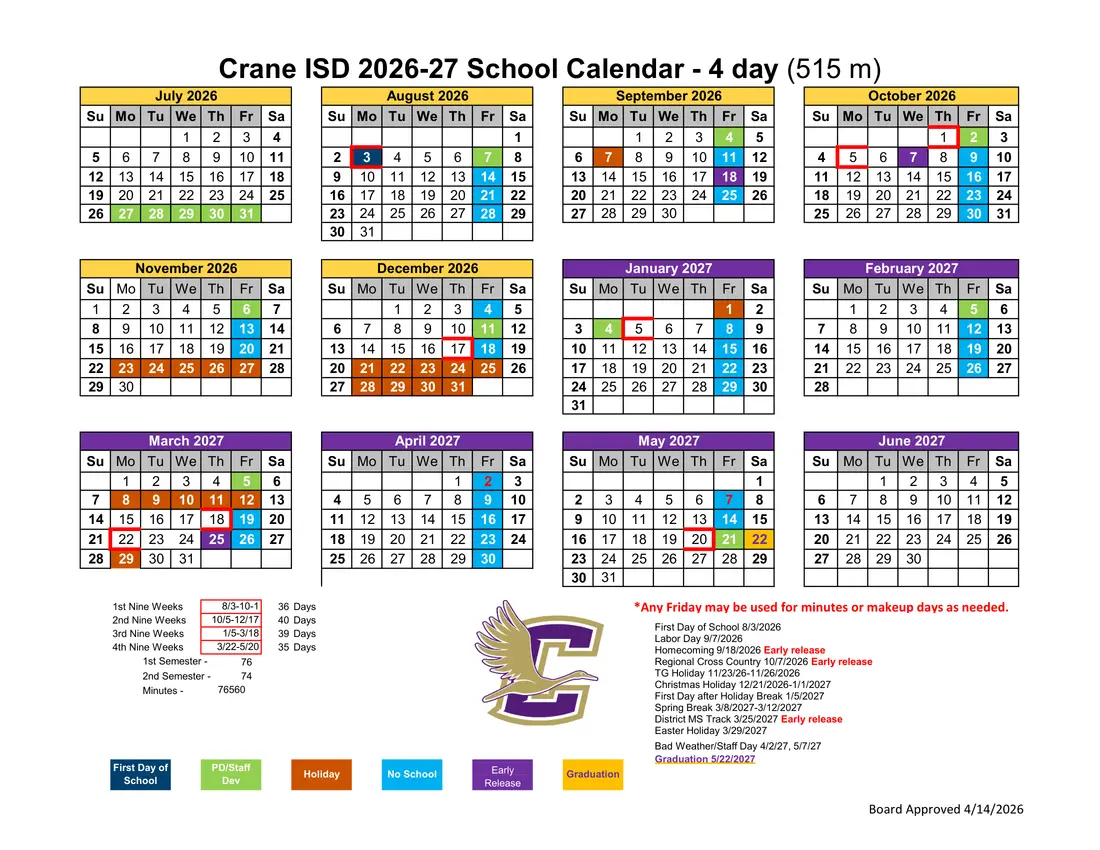 Crane ISD 2026–2027 academic calendar