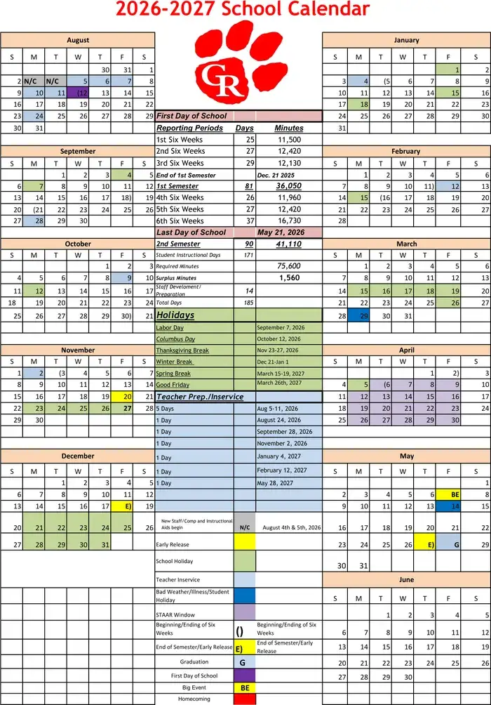 Crawford ISD 2026–2027 academic calendar